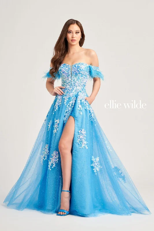 Ellie Wilde EW35220 Long Formal Glitter Detachable Sleeve Prom Gown