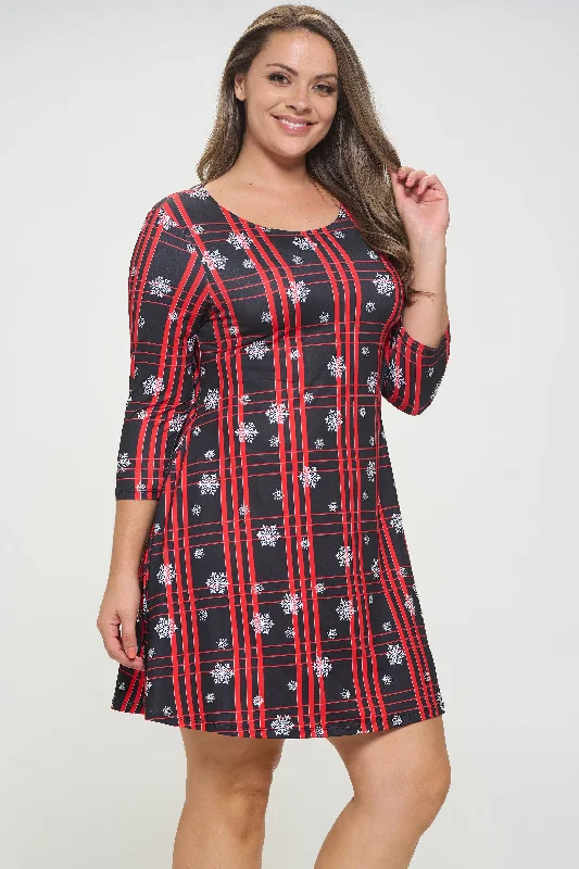 Plus Size Women's Plaid and Snowflakes Pattern Dress