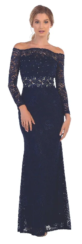 Navy L Eva 3287 Long Off Shoulder Formal Lace Dress Sale