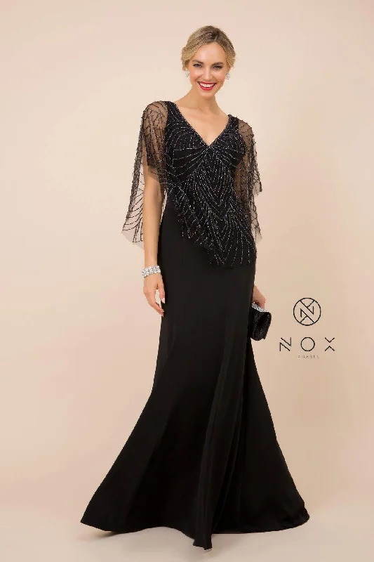 Black 3XL Long Fitted V-Neck Formal Dress with Beaded Cape Prom Sale