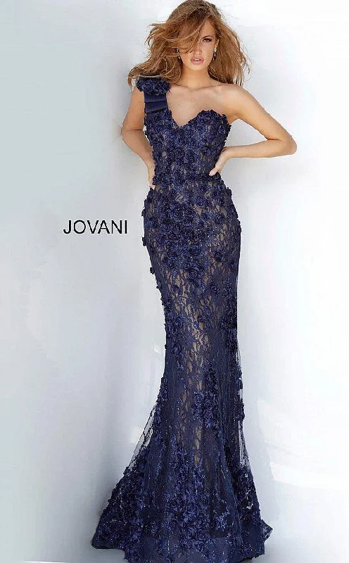 Navy 6 Jovani 3375 One Shoulder Long Formal Gown Sale