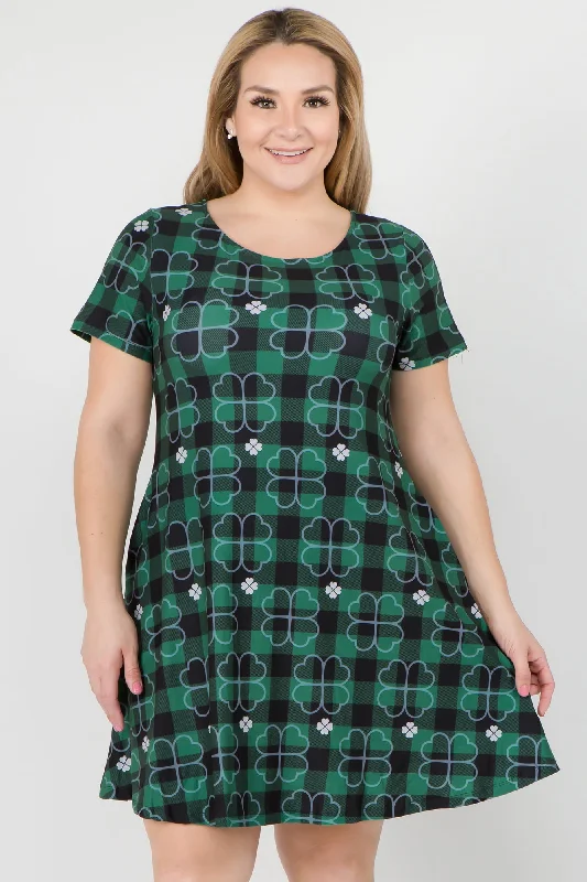 Plus Size Plaid 4-Leaf Clover Printed Dress with Pockets