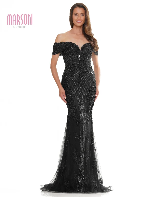 Marsoni MV1275 Off Shoulder Metallic Embroidered Tulle Formal Dress