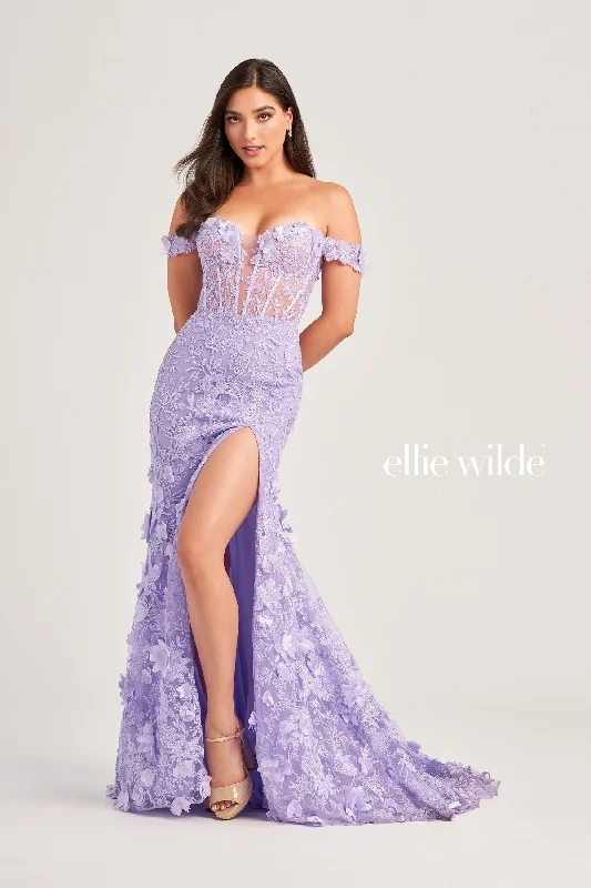 Ellie Wilde EW35054 Long Formal Fitted Applique Prom Dress