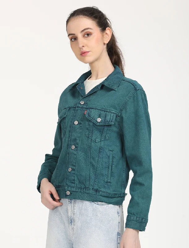 Women's Solid Teal Spread Collar Trucker Jacket