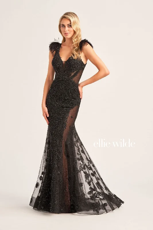 Ellie Wilde EW35009 Prom Long Formal Detachable Feather Dress