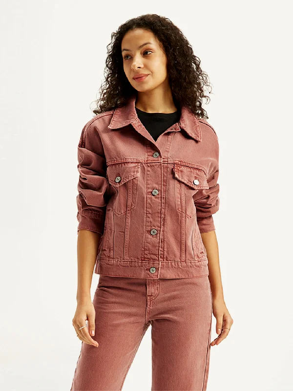 Women's Solid Rust Spread Collar Trucker Jacket