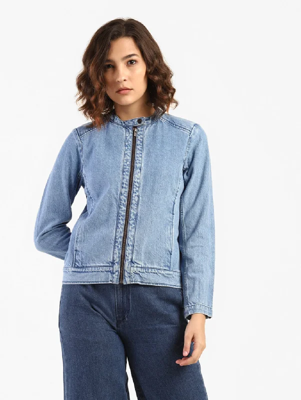 Women's Solid Band Neck Denim Jacket