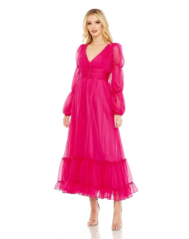 Mac Duggal 68254 Long Chiffon Ruched Tiered Puff Sleeve A Line Dress