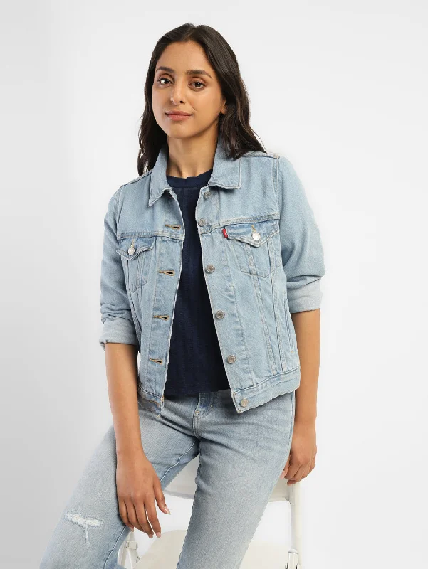 Women's Solid Blue Spread Collar Denim Jacket