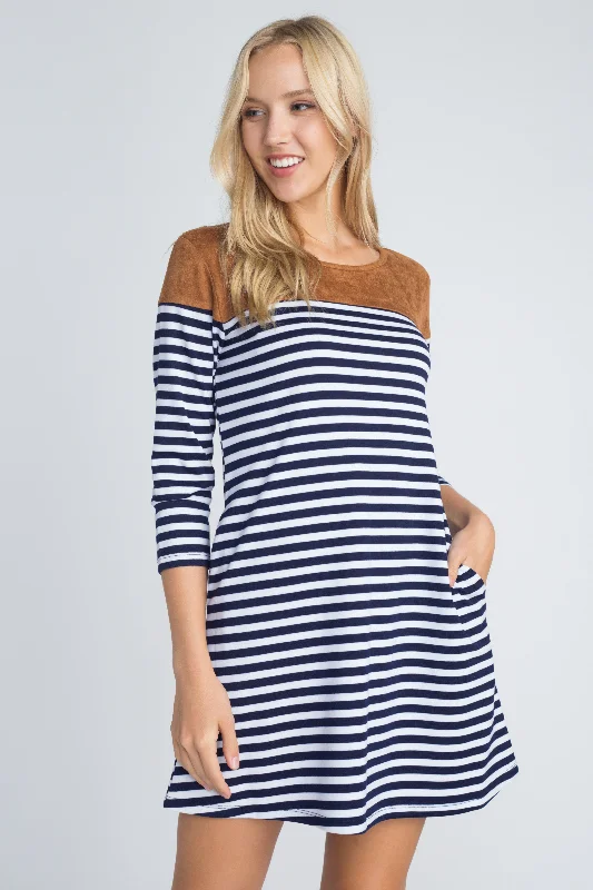 Faux Suede Panel Striped Dress