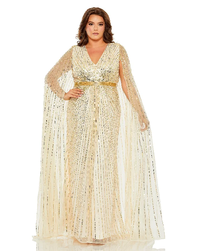 Mac Duggal 5804 Long Plus Size Sequined V Neck Cape Sleeve Dress