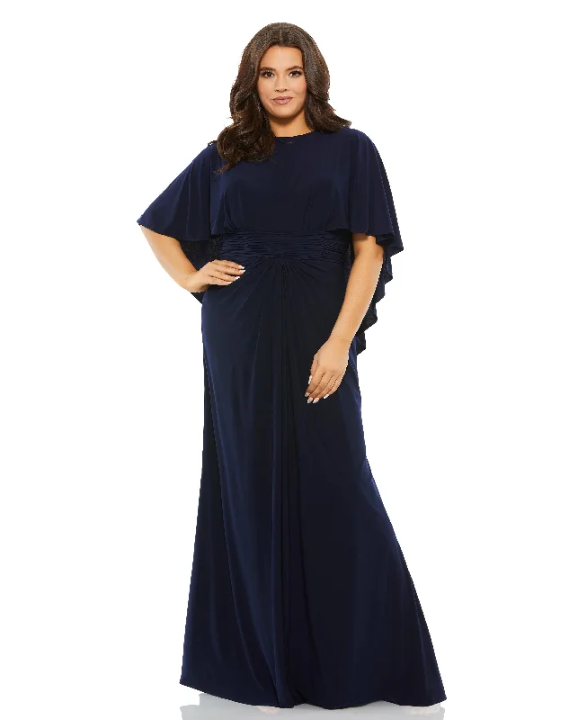 Navy 18W Mac Duggal 67929 Plus Size Long Cape Sleeve Dress Sale