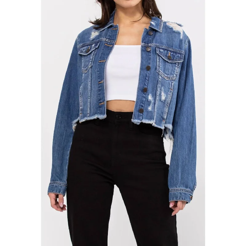 Katrina Destroyed Fitted Denim Jacket In Dark Denim