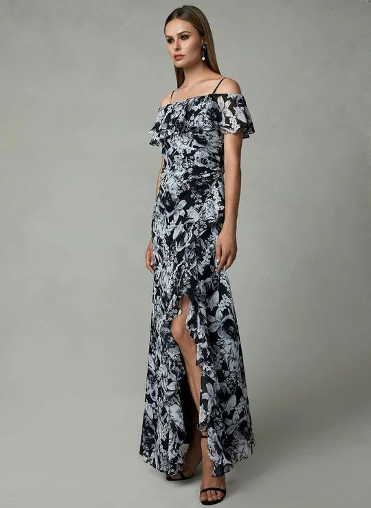 Cachet Long Formal Floral Print Ruffled Slit Dress 59689