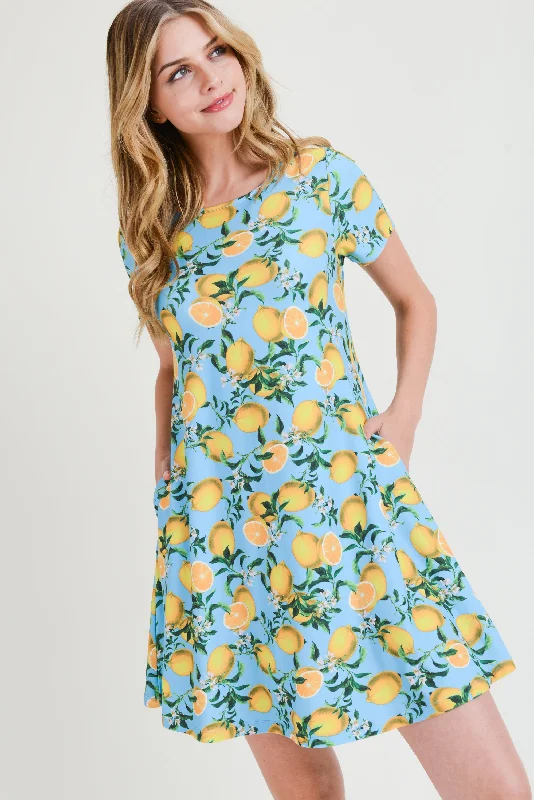 Refreshing Lemon Print Short Sleeve Fit and Flare Dress