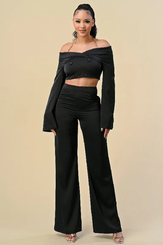 Off Shoulder Chain Halter Crop Jacket Pant Set