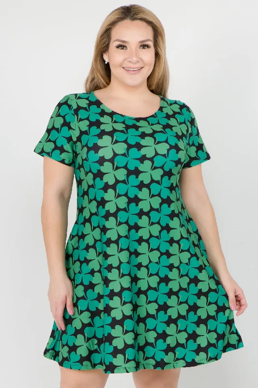 Plus Size Lucky Green 4-Leaf Clover Printed Dress