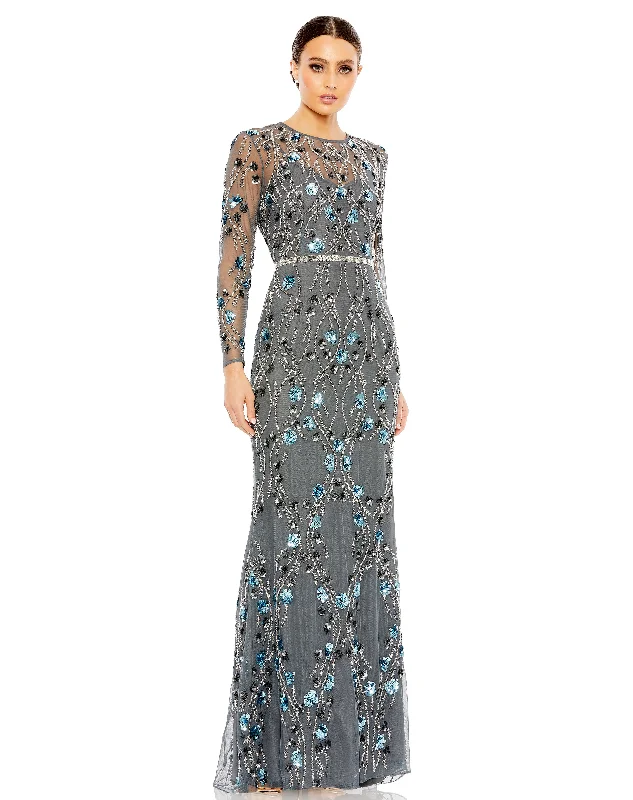 Mac Duggal 93772 Long Sleeve Beaded Floral Evening Formal Gown