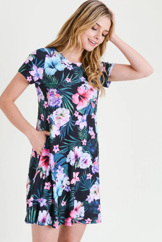 Tropical Floral Short Sleeve Skater Dress