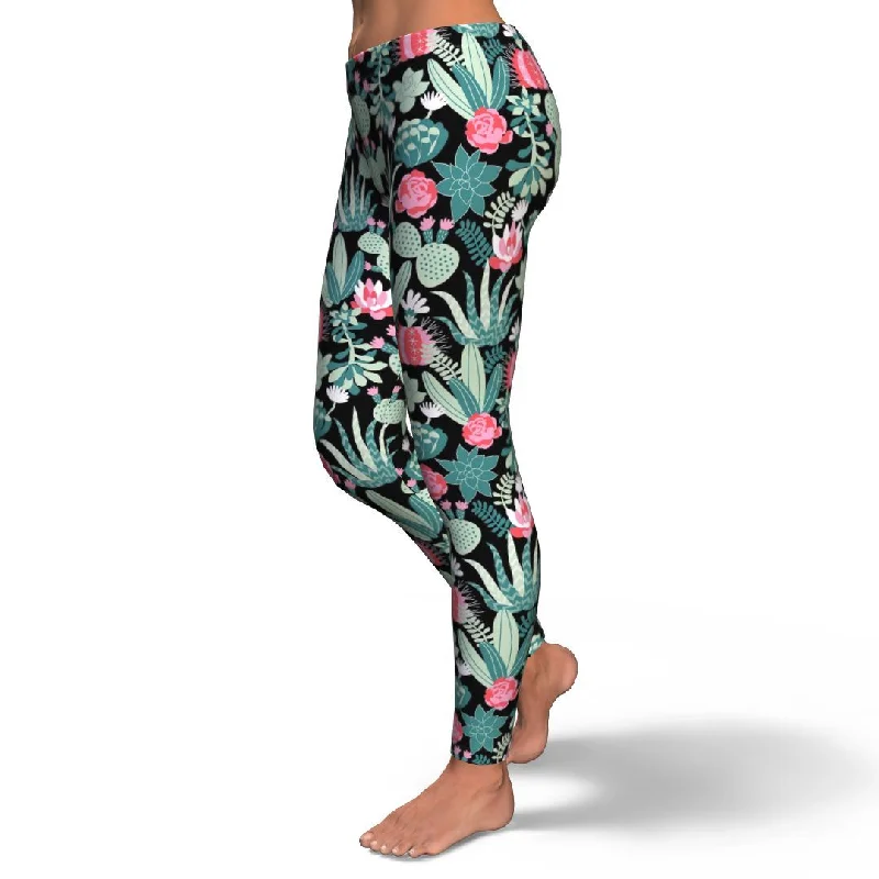 Black Cactus Pattern Print Pattern Women Leggings