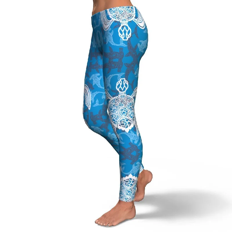 Blue Hawaiian Shark Sea Turtle Pattern Print Pattern Women Leggings