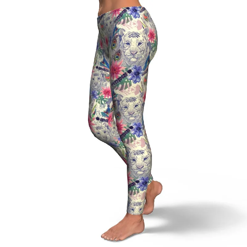 Bohemian White Tiger Pattern Print Pattern Women Leggings