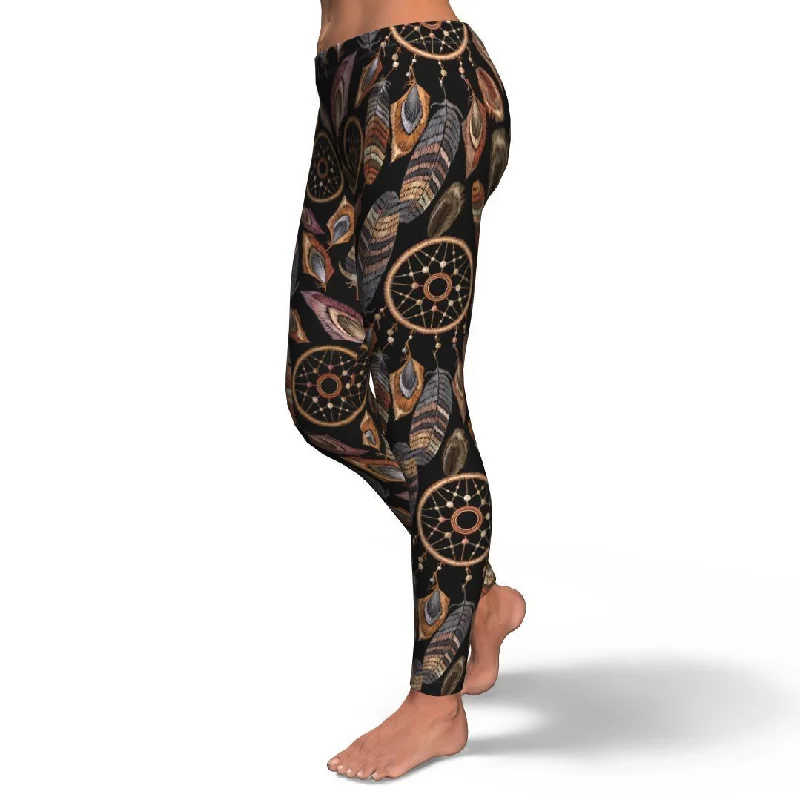 Brown Boho Peacock Dream Catcher Feather Pattern Print Pattern Women Leggings