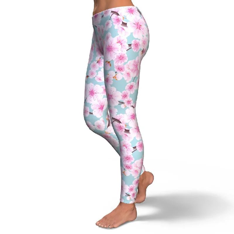 Cherry Blossom Sakura Blue Pattern Print Pattern Women Leggings