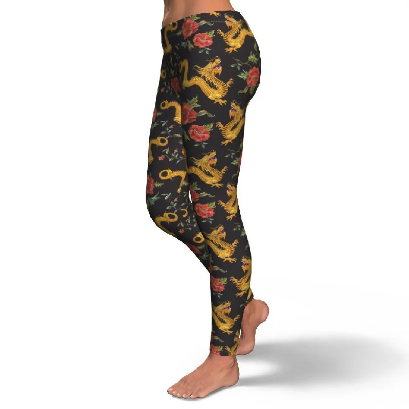 Chinese Dragon Rose Pattern Print Pattern Women Leggings