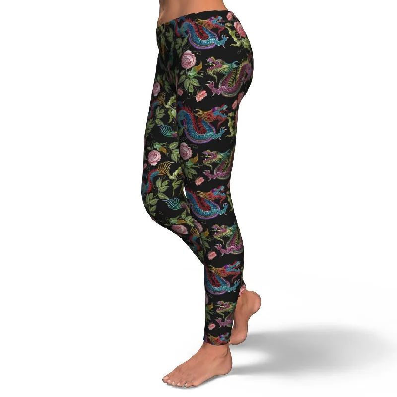 Chinese Rose Dragon Pattern Print Pattern Women Leggings