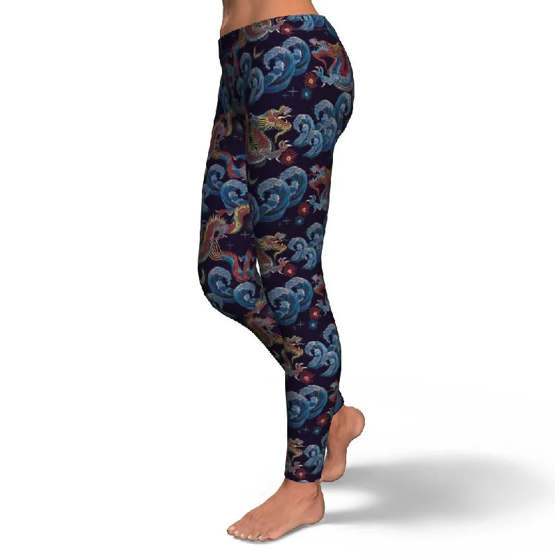 Chinese Wave Dragon Pattern Print Pattern Women Leggings