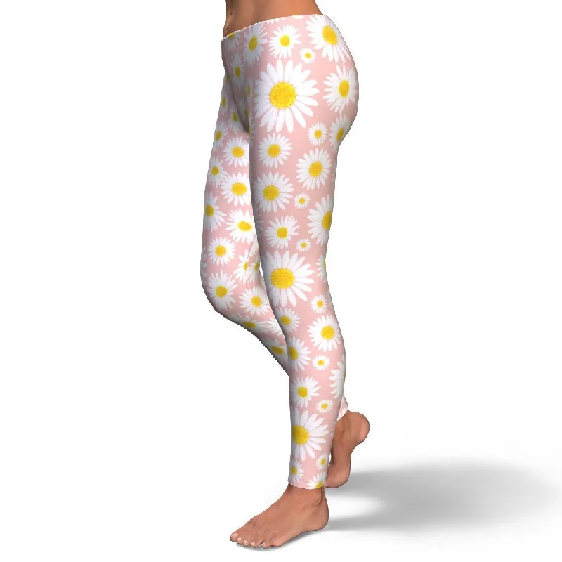 Cute Pink Daisy Pattern Print Pattern Women Leggings