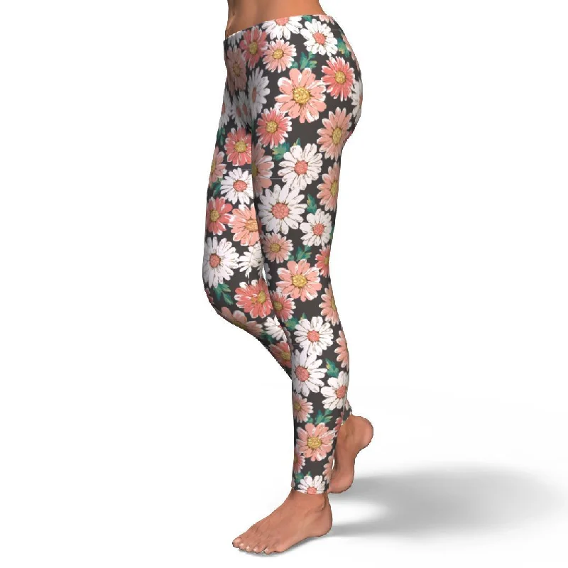 Cute White Pink Daisy Pattern Print Pattern Women Leggings