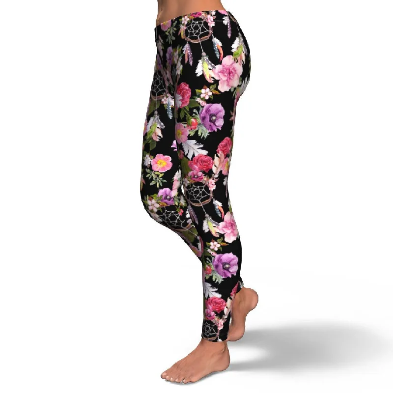 Dream Catcher Flower Boho Feather Pattern Print Pattern Women Leggings