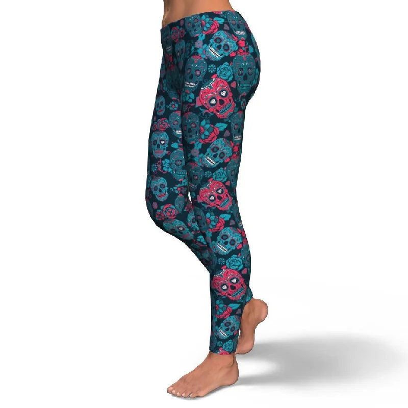 Floral Rose Sugar Skull Skeleton Girly Pattern Print Pattern Women Leggings