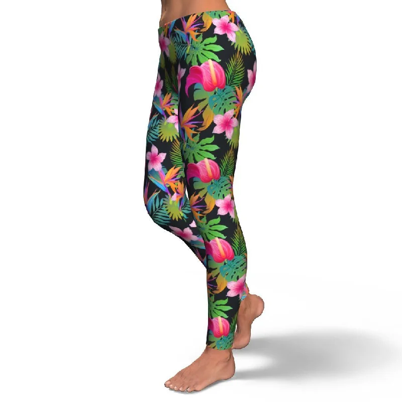 Floral Tropical Hawaiian Flower Hibiscus Palm Leaves Pattern Print Pattern Women Leggings