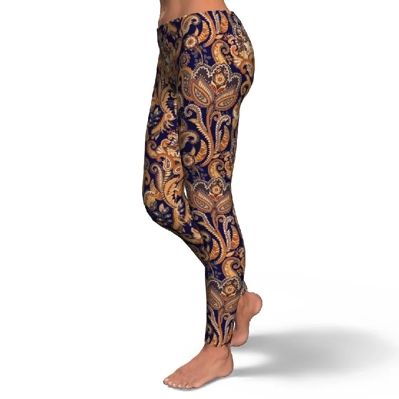 Gold Paisley Pattern Print Pattern Women Leggings