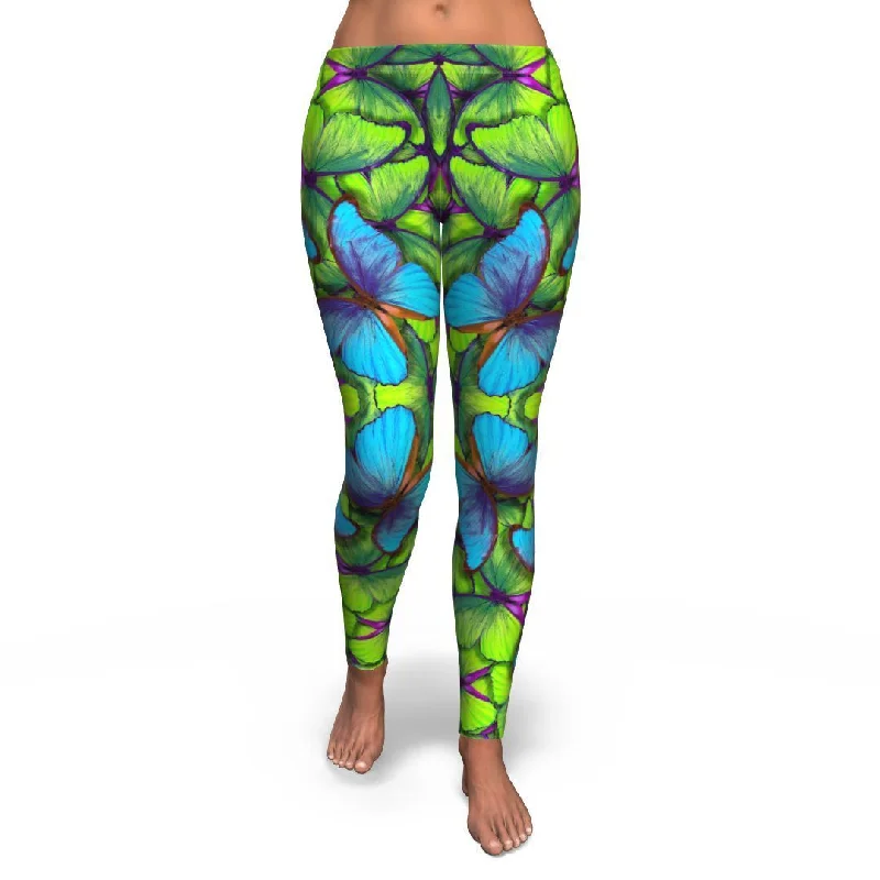 Green Blue Butterfly Pattern Print Pattern Women Leggings