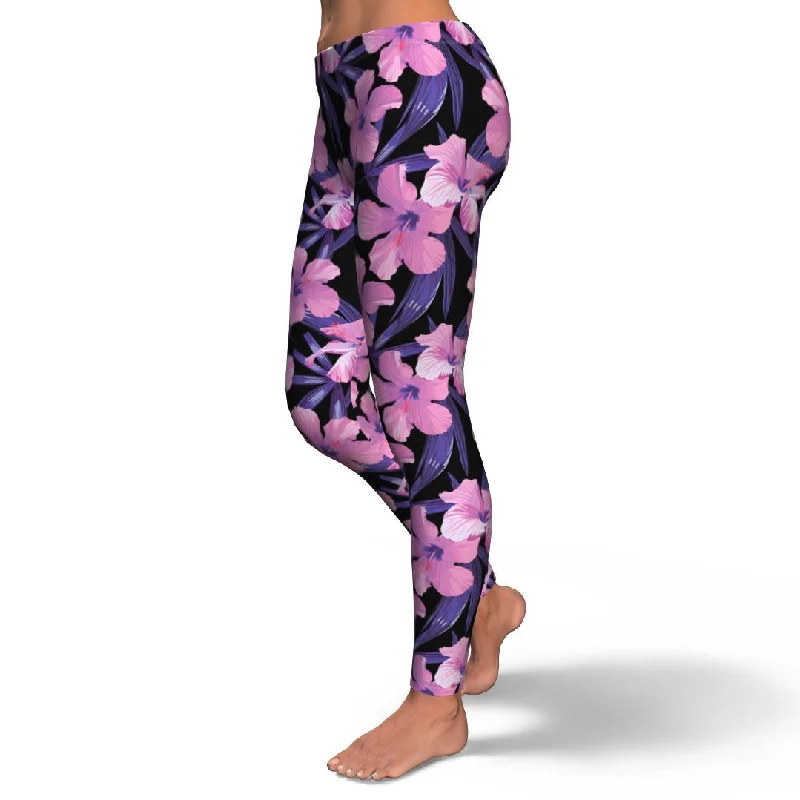 Hibiscus Floral Tropical Hawaiian Flower Palm Leaves Pattern Print Pattern Women Leggings