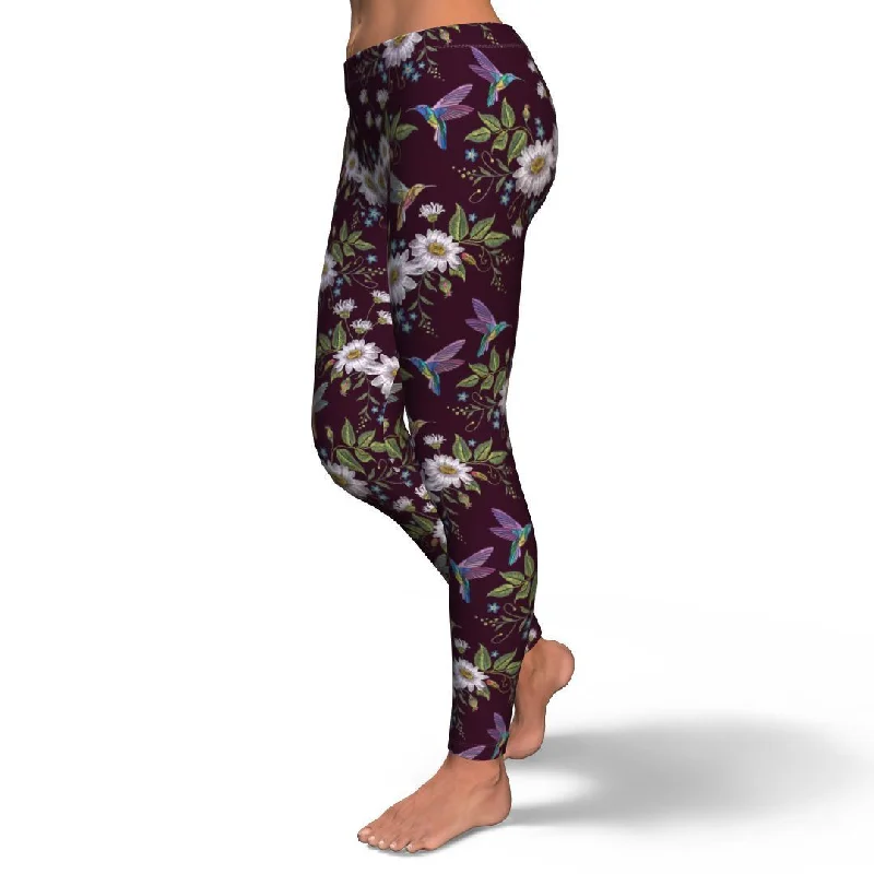 Hummingbird White Daisy Pattern Print Pattern Women Leggings