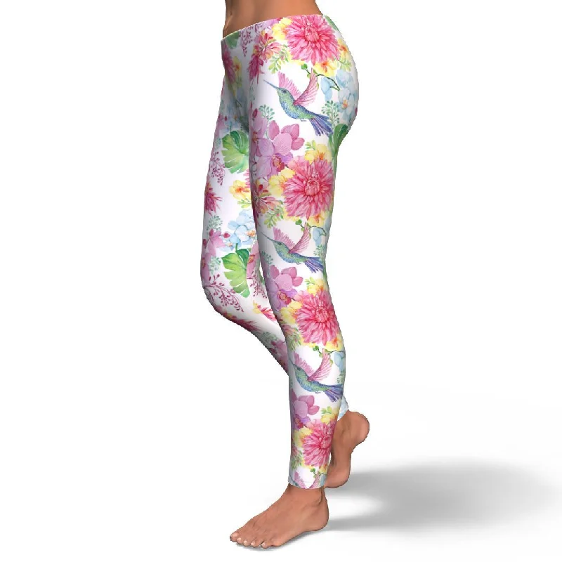 Hummingbird White Floral Drawing Pattern Print Pattern Women Leggings