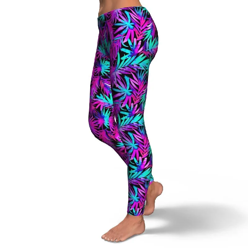 Neon Tropical Palm Leaves Hawaiian Pattern Print Pattern Women Leggings