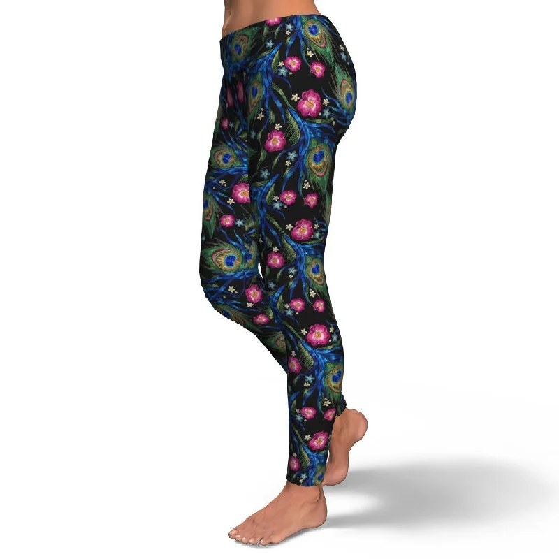 Peacock Rose Feather Pattern Print Pattern Women Leggings