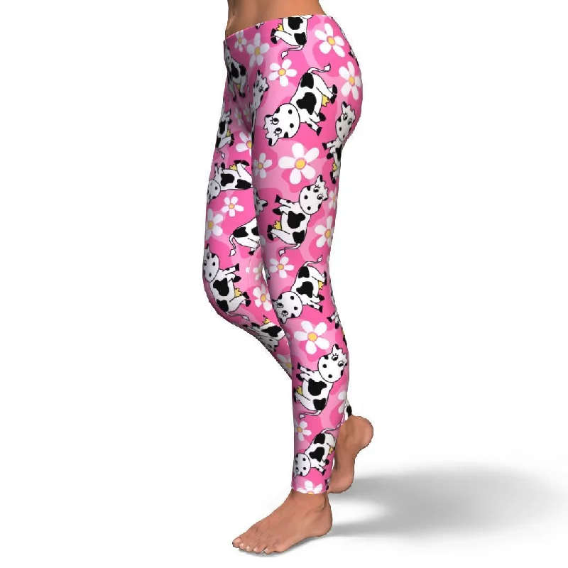 Pink Cartoon Cow Pattern Print Pattern Women Leggings