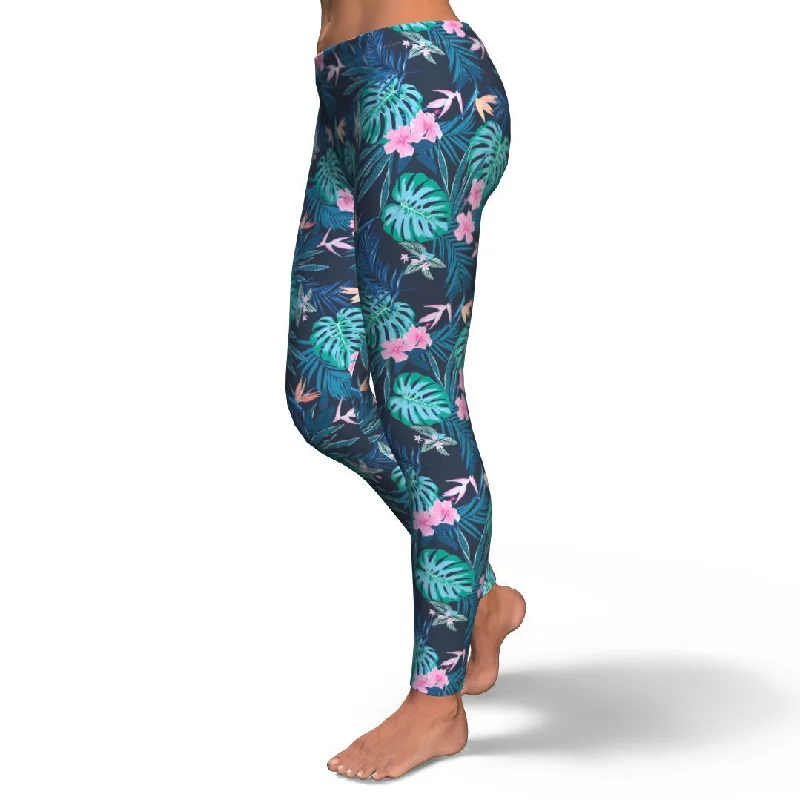 Pink Floral Tropical Palm Leaves Hawaiian Pattern Print Pattern Women Leggings