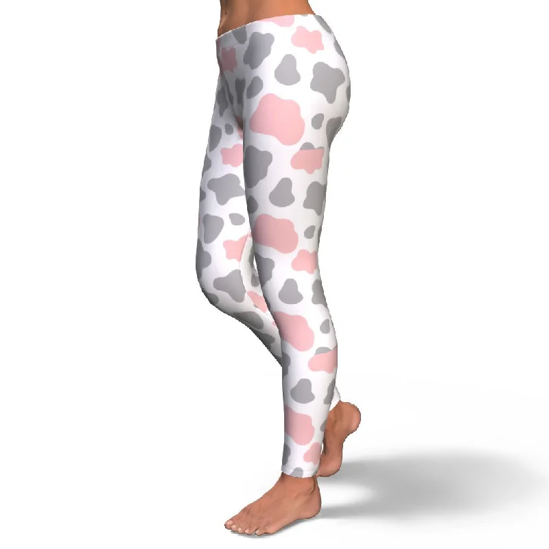 Pink Gray Cow Pattern Print Pattern Women Leggings