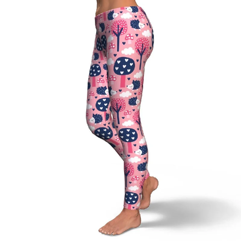 Pink Mushroom Three Hedgehogs Pattern Print Pattern Women Leggings