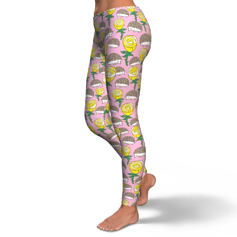 Pink Rose Hedgehogs Pattern Print Pattern Women Leggings