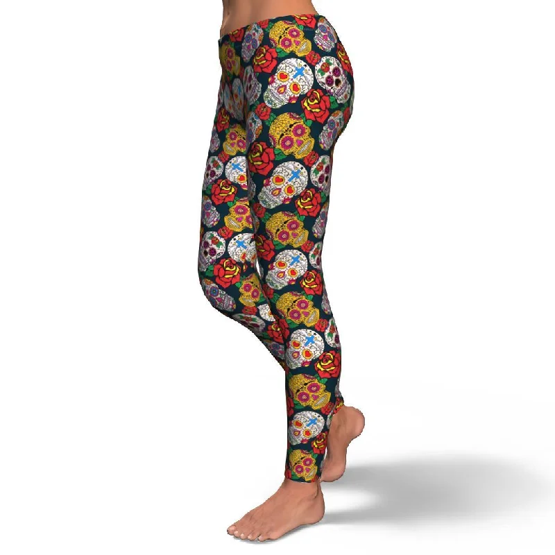 Rose Sugar Skull Skeleton Girly Floral Pattern Print Pattern Women Leggings